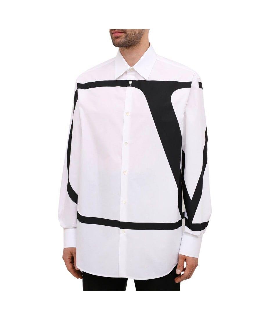 Valentino White Deconstructed VLogo Printed Cotton Shirt
