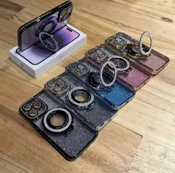 Bling Ring Stand Magnetic Mobile Phone Case Glitter Phone Holder Protective Case for iPhone 17 16 Pro Max 16 Plus 16 15 14 13